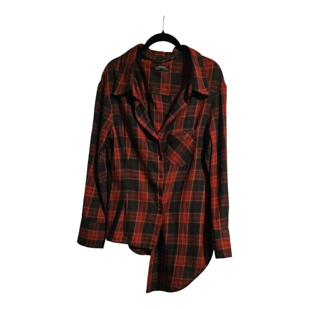 Zara Womens Small Premium Denim Collection Asymmetrical Plaid Button-down Blouse